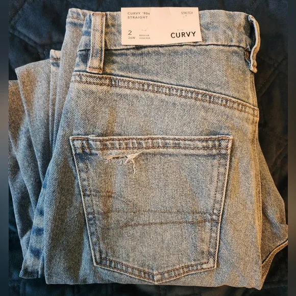 NWT American Eagle Curvy Sz 2 Distressed Light Blue 90s Straight Leg Jeans - Picture 2 of 5